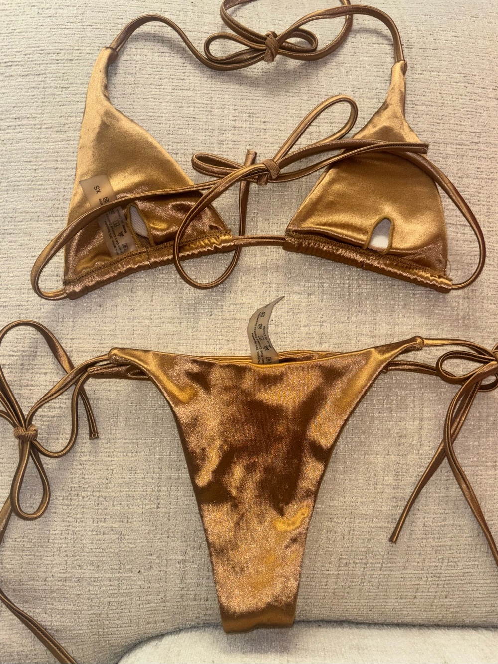 Metallic Bronze String Bikini Set XS Shiny Triangle Top High Cut Thong Vacation - Picture 3 of 7